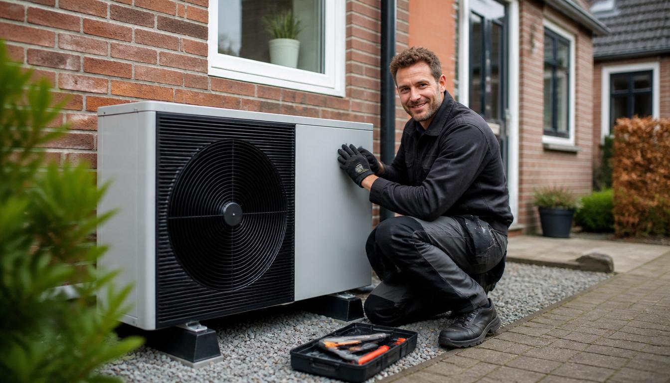 Installateur plaatst een warmtepomp bij een woning
